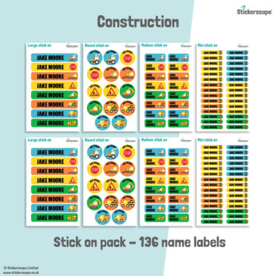 Construction school name labels stick on name label pack