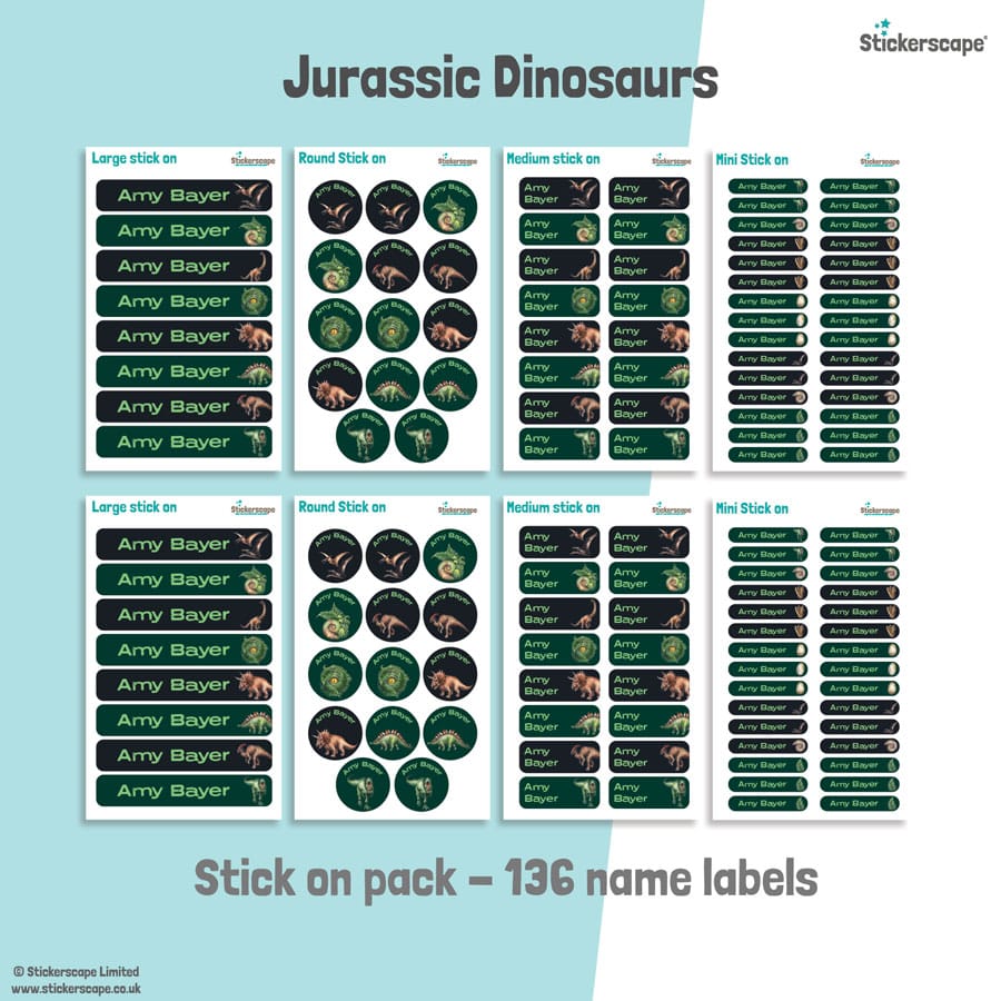 jurassic dinosaurs stick on name labels sheet layout