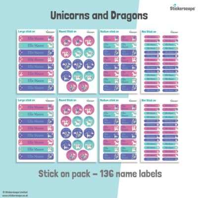 unicorns and dragons stick on name labels sheet layout