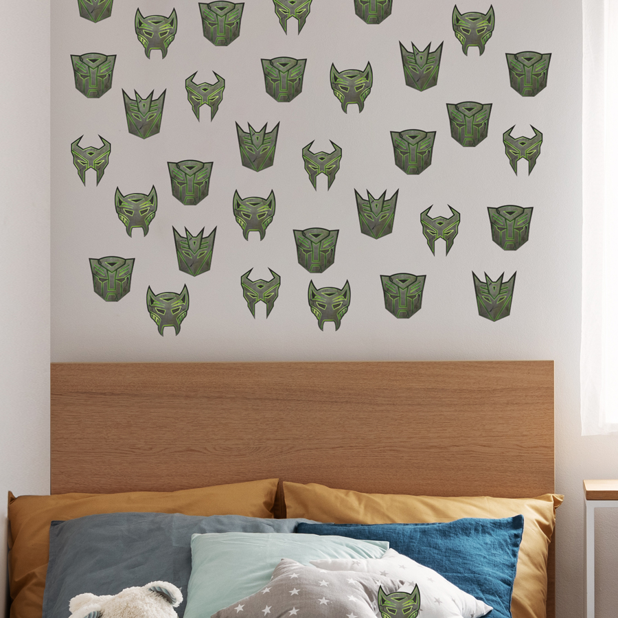Rise of the Beasts wall sticker pack shown on a light wall above a bed.