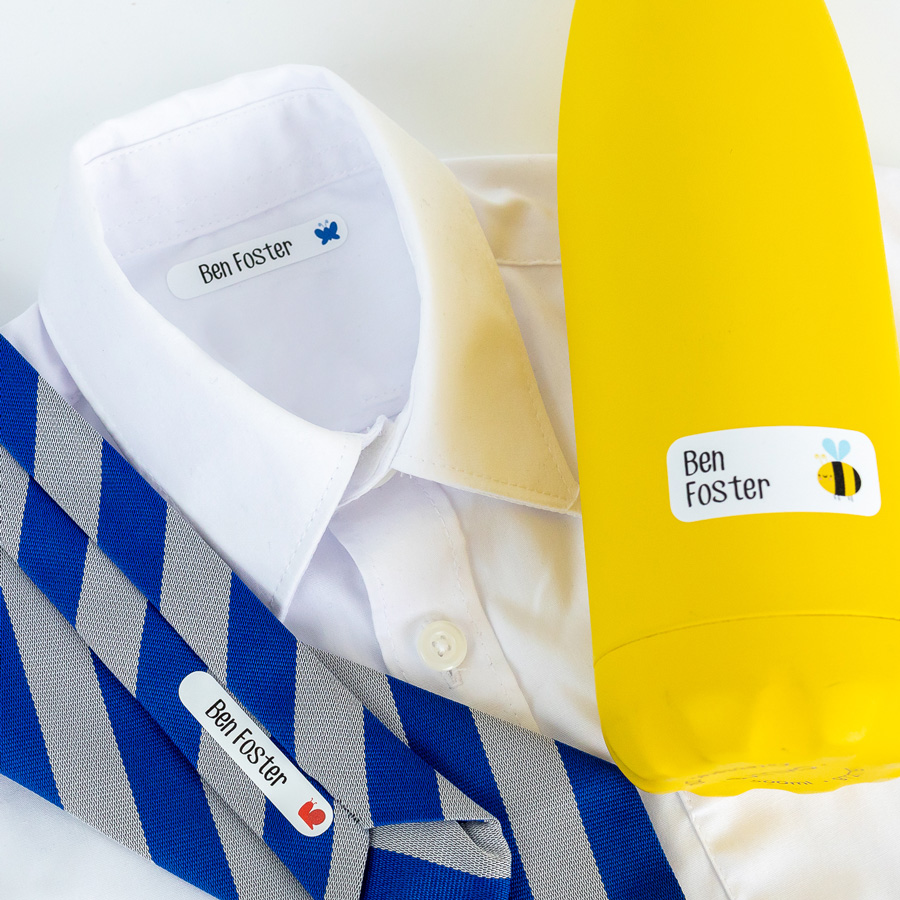 Insects (white) name labels on school uniform and water bottle