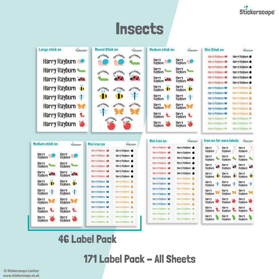 Insects (white) school name labels mixed name label pack