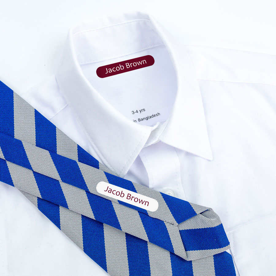 Burgundy name labels on school uniform and school tie