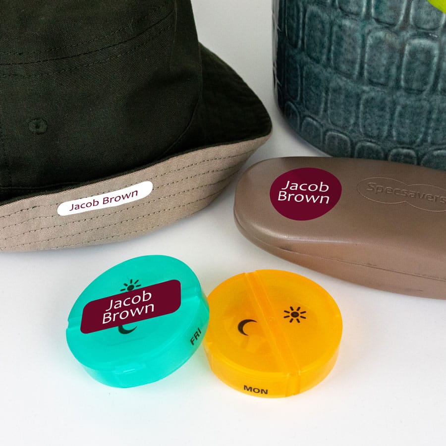 Burgundy and White Name Labels on hat and pots