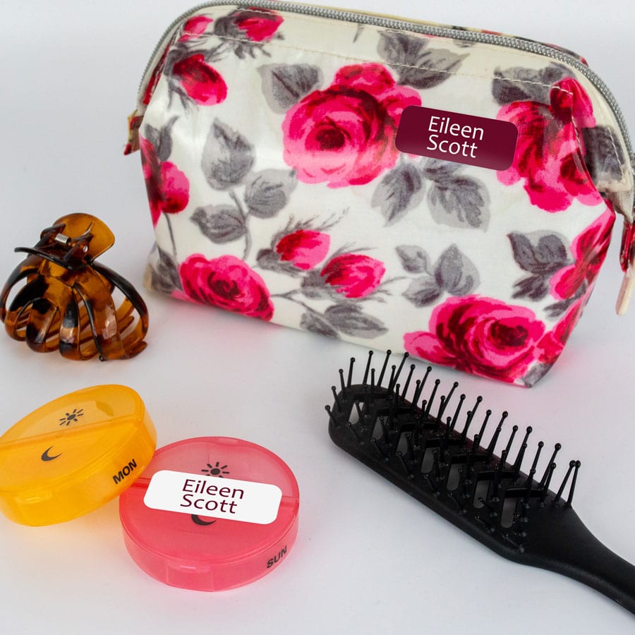 Burgundy and White Name Labels on wash bag