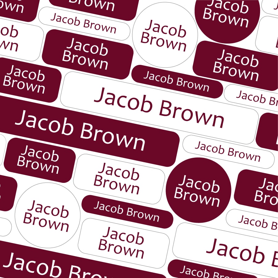 Burgundy school name labels