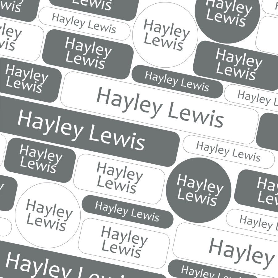 Grey school name labels