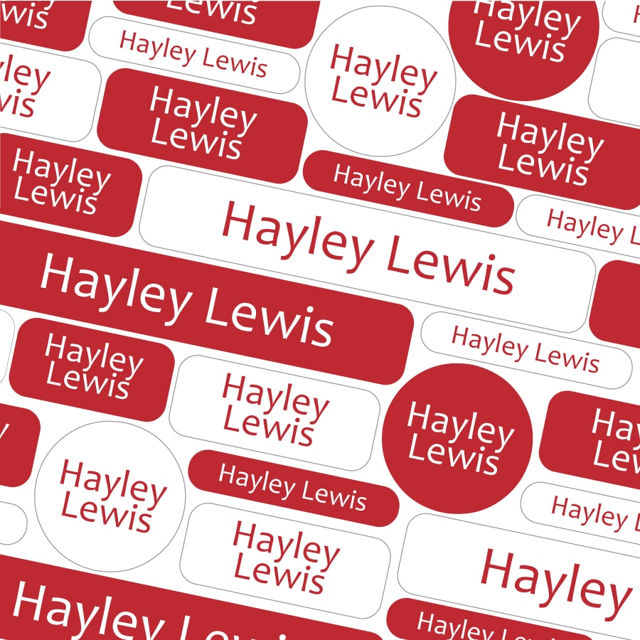 Red school name labels