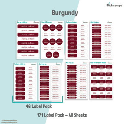 Burgundy school name labels mixed name label pack