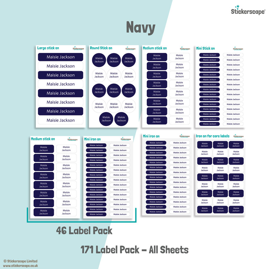 Navy school name labels mixed name label pack