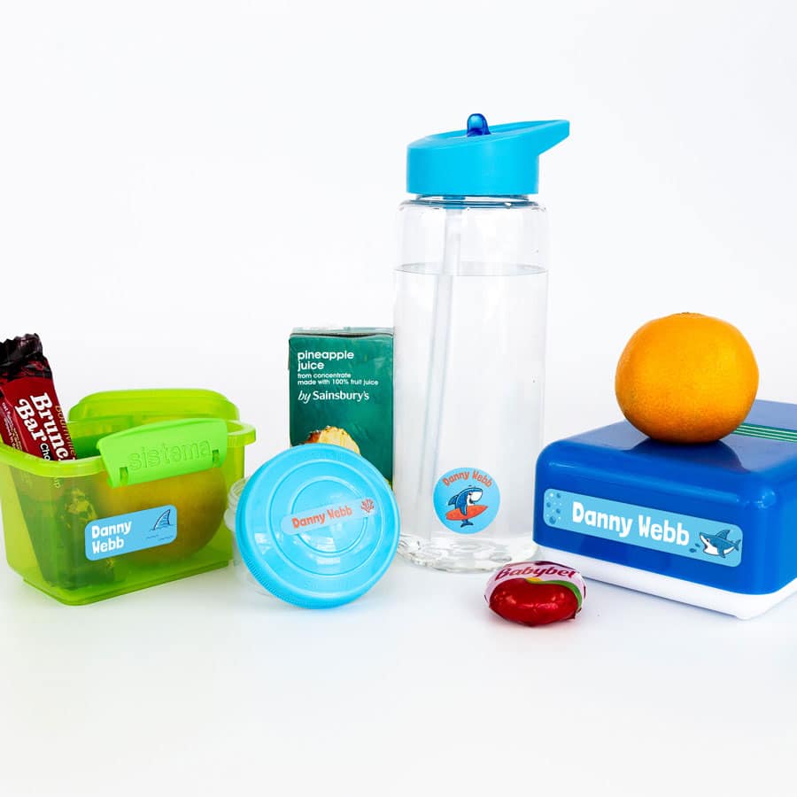 Little Shark Name Labels on lunch boxes and water bottle