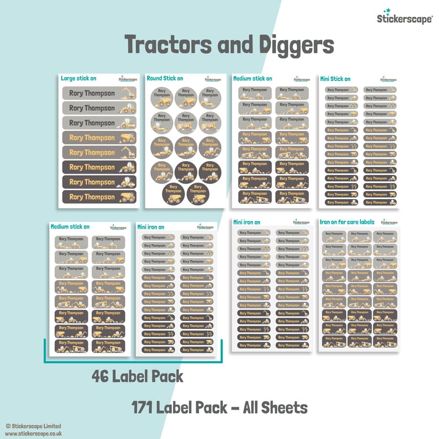 Tractors and Diggers name labels | Iron and Stick on labels
