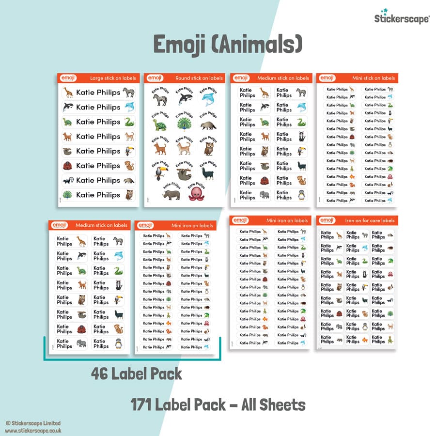 Emoji Animals name labels | Stick and Iron on labels