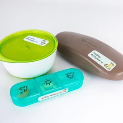 Garden Name Labels on glasses case and tablet box