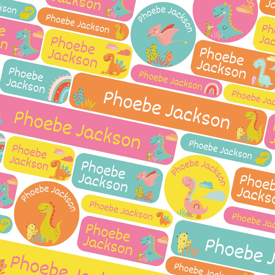 Colourful Dinos name labels | School name labels