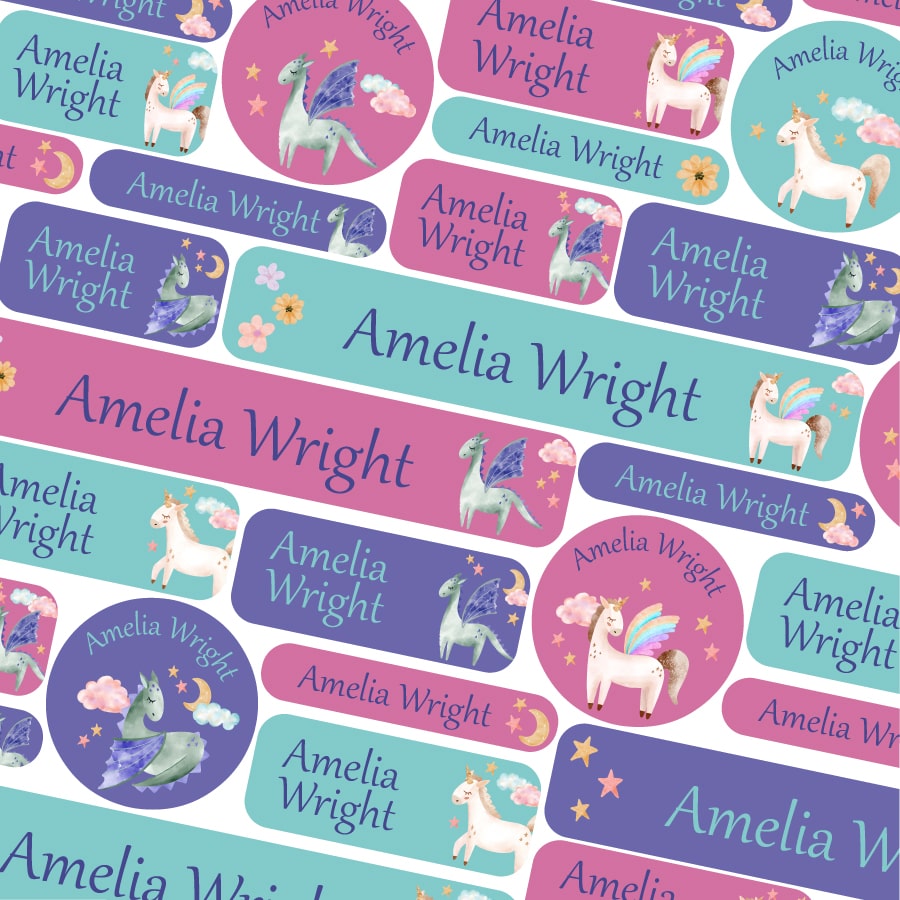 Unicorns and Dragons name labels | School name labels | Stickerscape