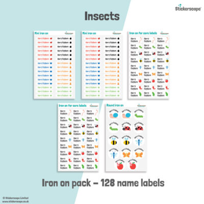 Insects (white) school name labels iron on pack