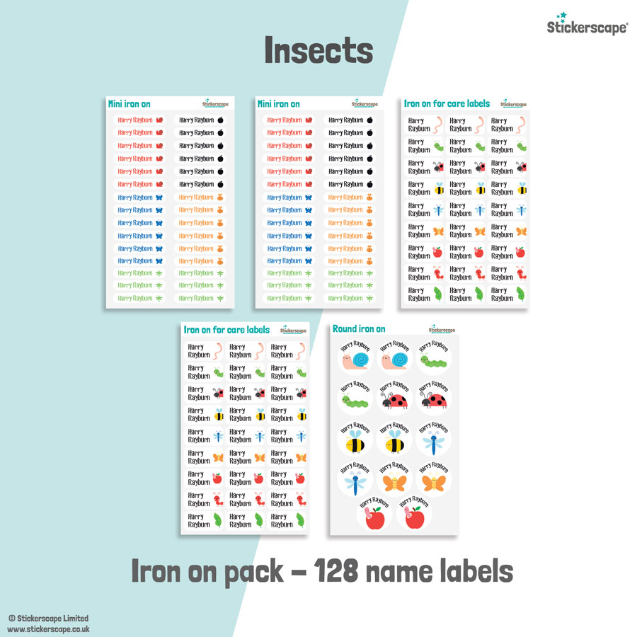Insects (white) school name labels iron on pack