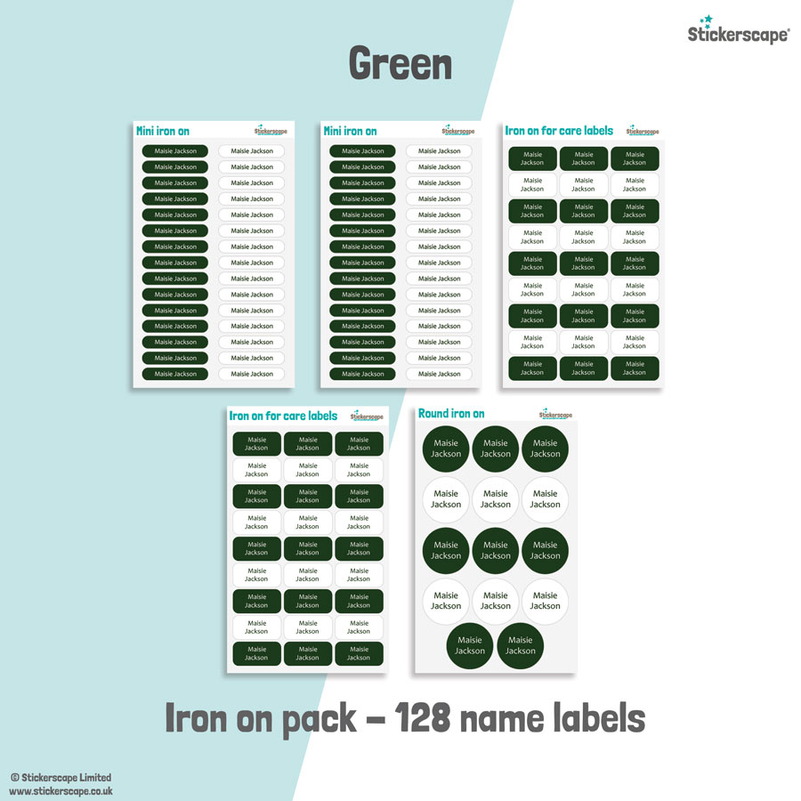 Green school name labels iron on pack