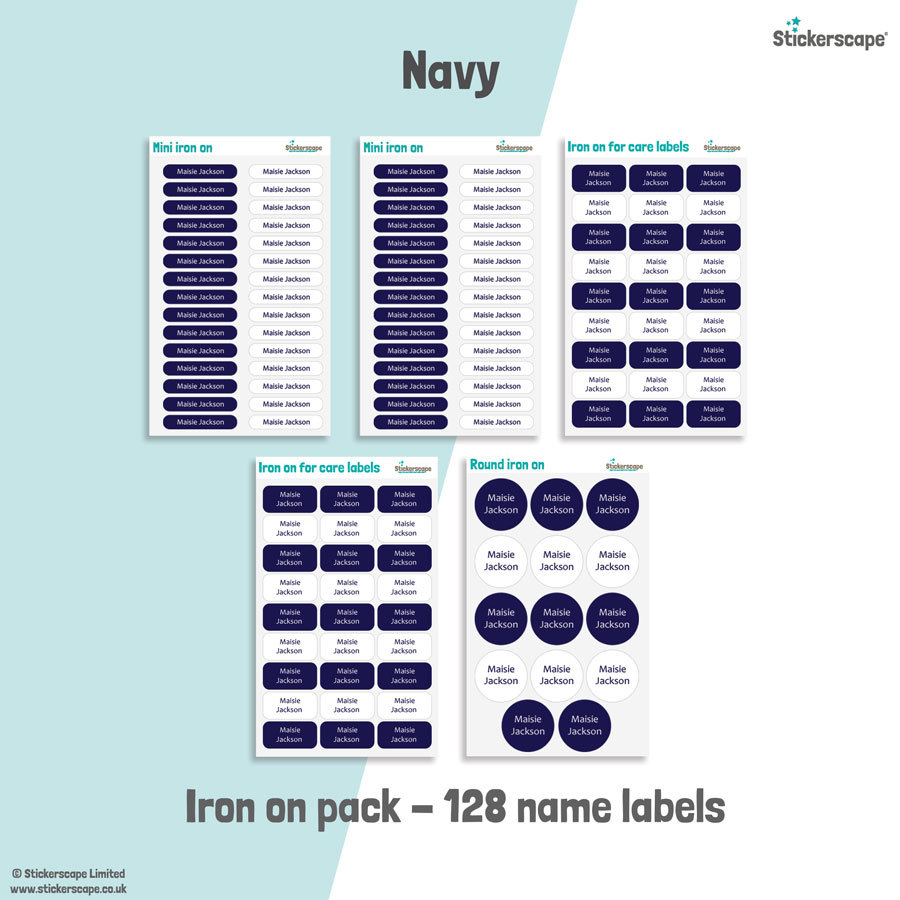 Navy school name labels iron on pack