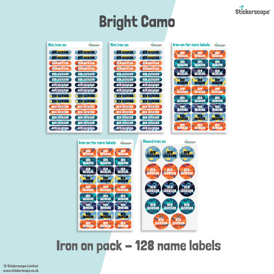 Bright Camo name labels | Iron on labels