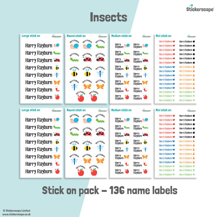 Insects (white) school name labels stick on name label pack