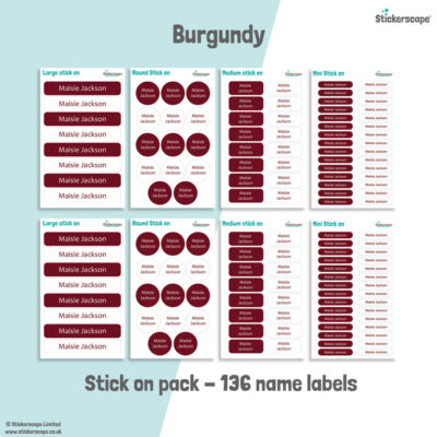 Burgundy school name labels stick on name label pack