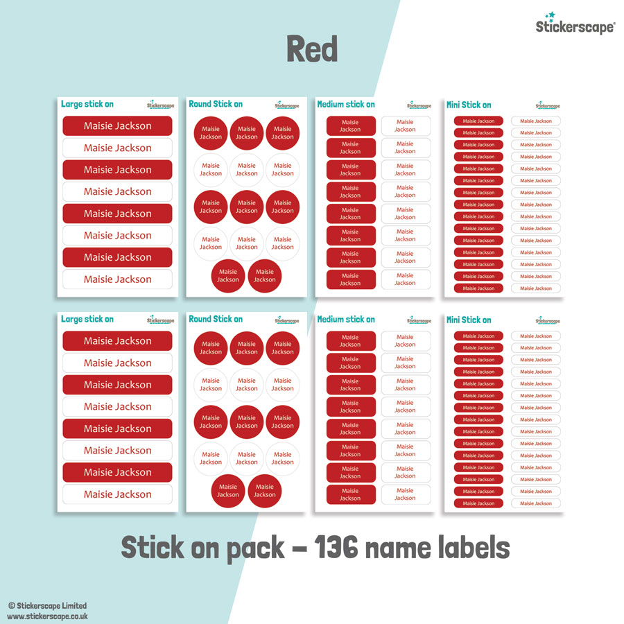 Red school name labels stick on name label pack