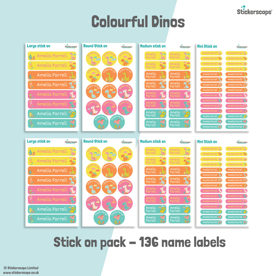 Colourful Dinos name labels | Stick on labels