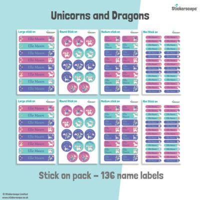 Unicorns and Dragons name labels | Stick on labels