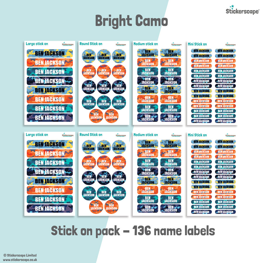Bright Camo name labels | Stick on labels