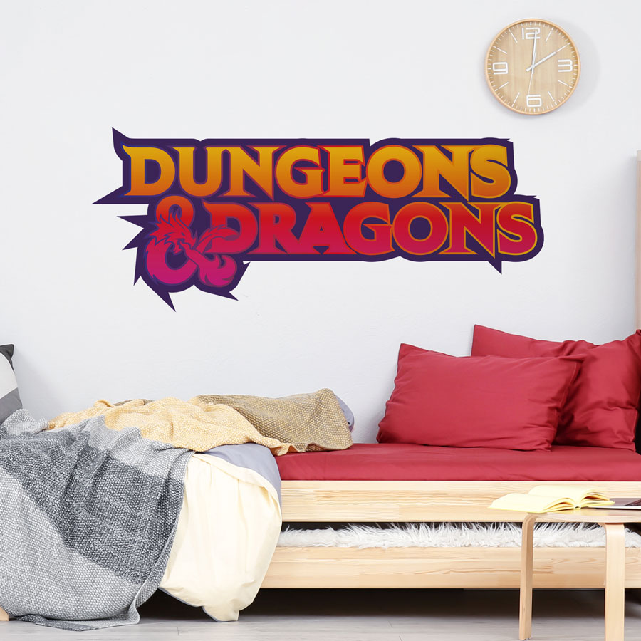 D&D logo wall sticker shown on a light wall above a bed.