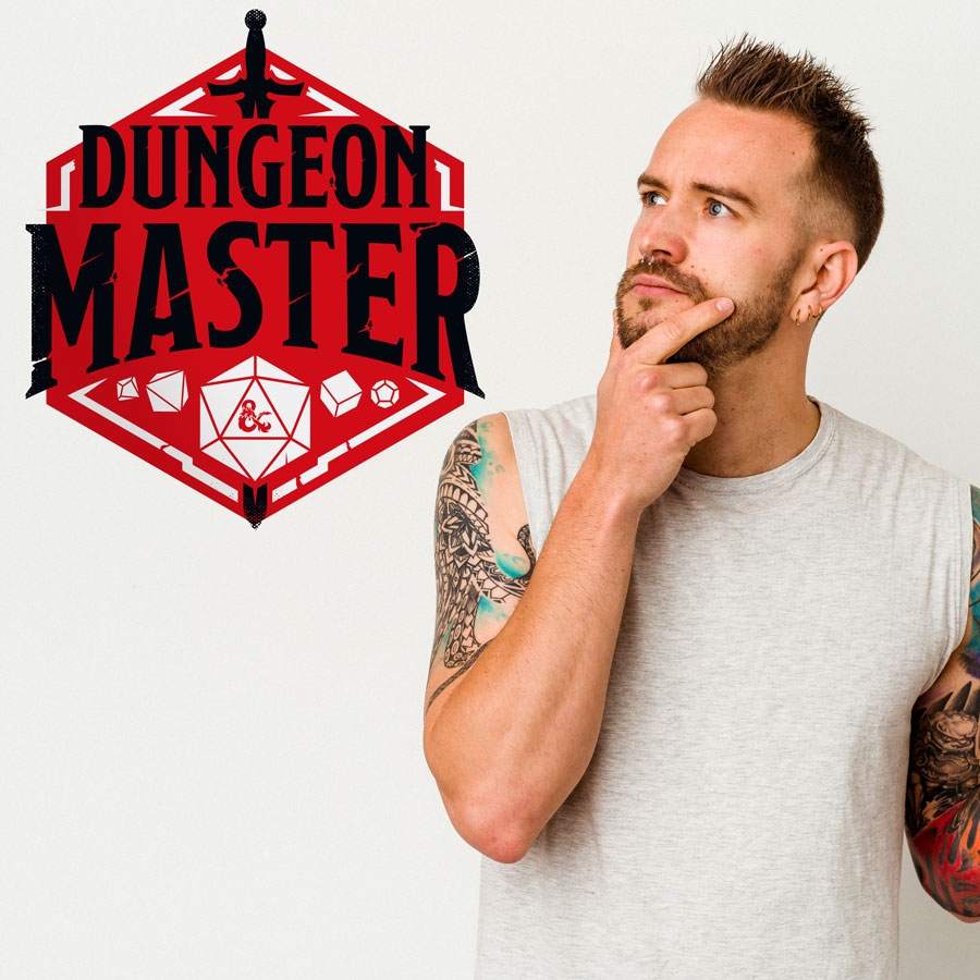 D&D Dungeon Master wall sticker shown on a light wall behind a man.