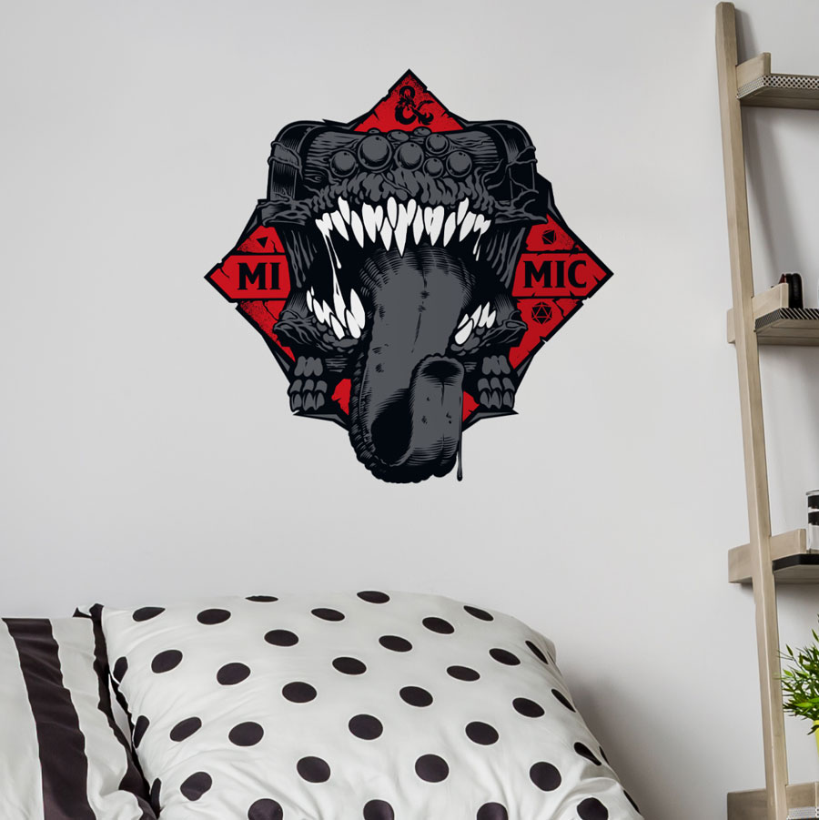 D&D Mimic wall sticker shown on a light wall above a bed