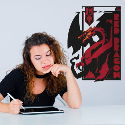 D&D Red Dragon Wall Sticker on a light wall behind a woman.