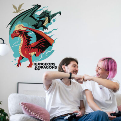D&D Red and Green Dragon Wall Sticker | blue cloud option on a light wall behind a man and woman