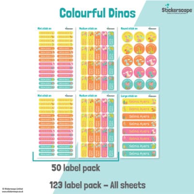 Colourful Dinos Name Label Pack stickers included