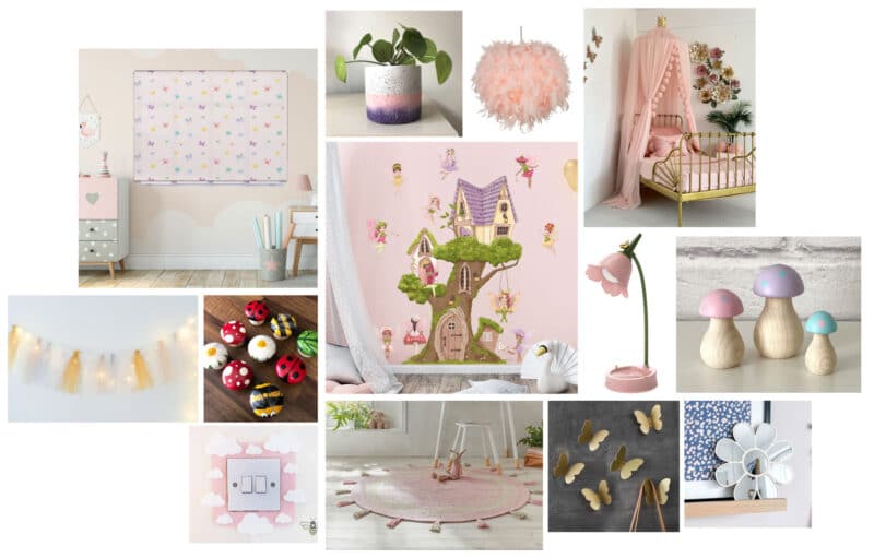 Moodboard of woodland fairy children's bedroom inspiration