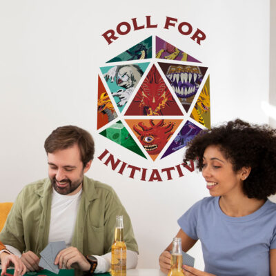 D&D Roll for Initiative wall sticker on white wall behind two people.