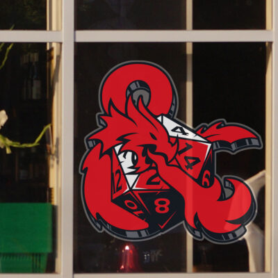 D&D Dice and Ampersand window sticker on window outside