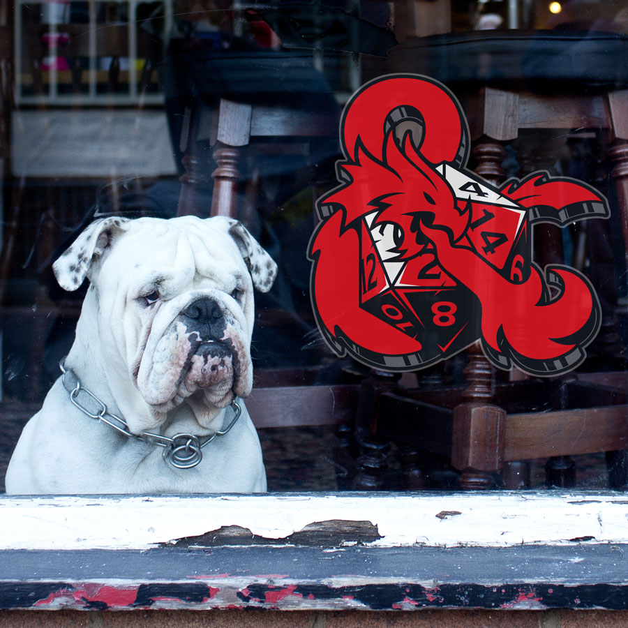 D&D Dice and Ampersand window sticker on window outside with dog