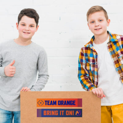 Nerf Party Stickers on a box with two boys behind