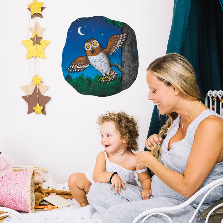 Night Time Owl Wall Sticker on a wall with mum and child