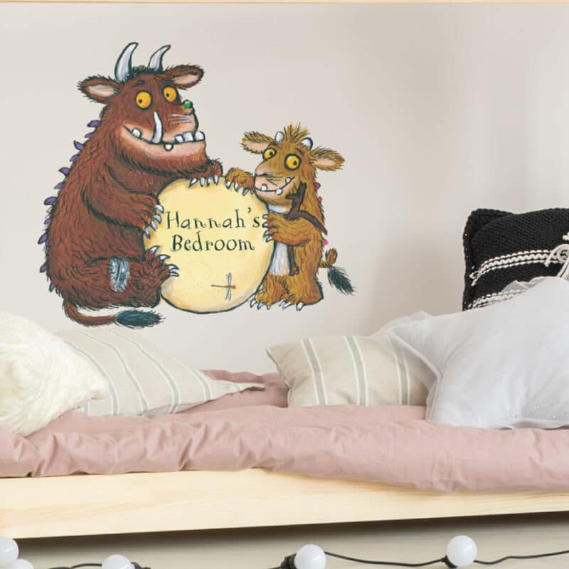 personalised gruffalo and child wall sticker on a bedroom wall