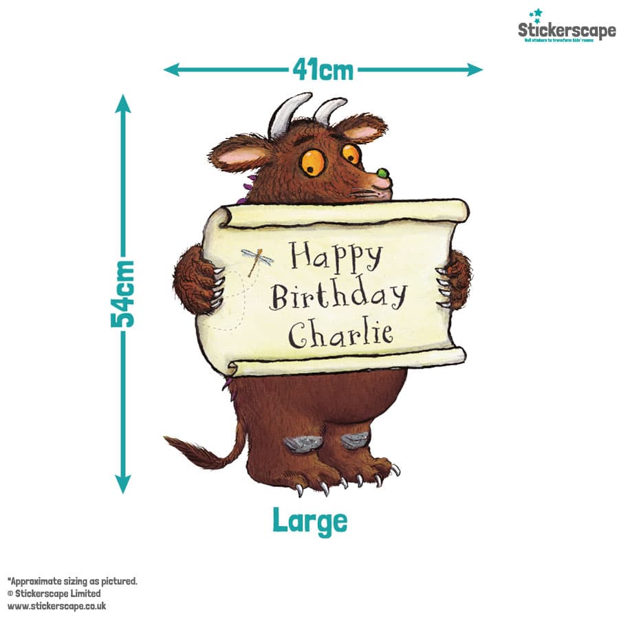 personalised gruffalo birthday window sticker with size dimensions