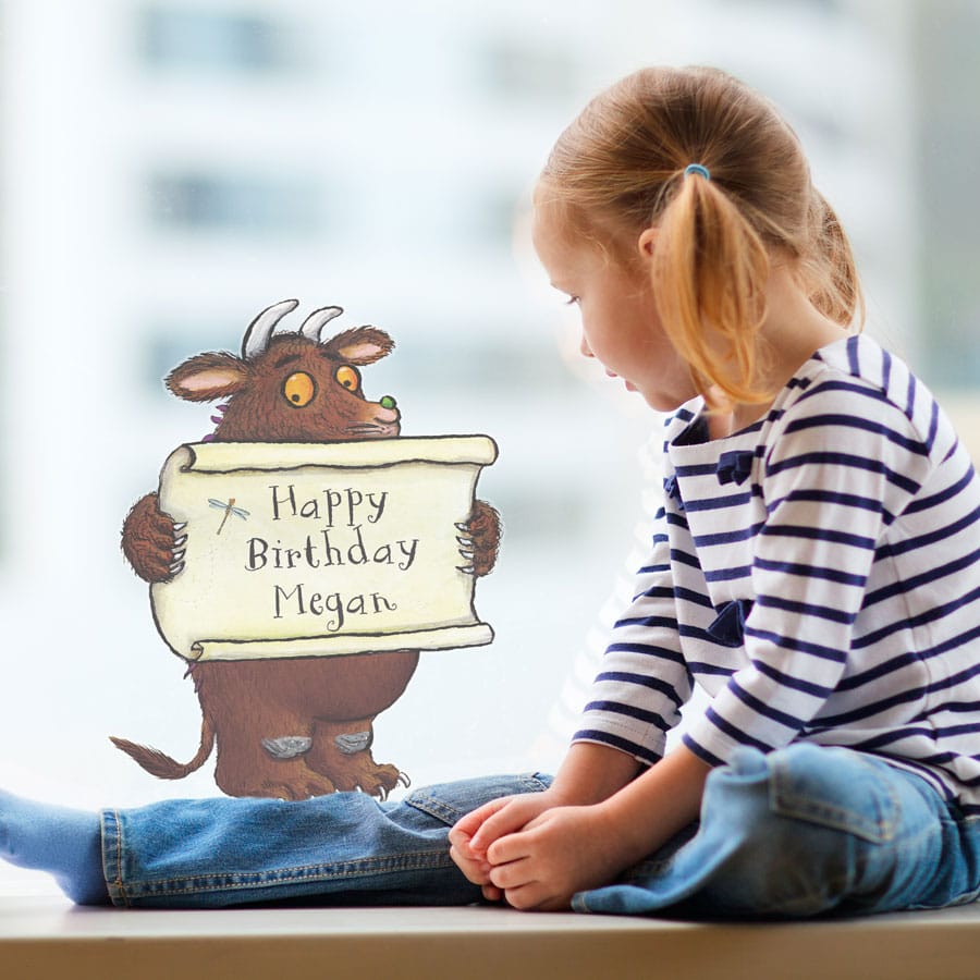 personalised gruffalo birthday window sticker on a window