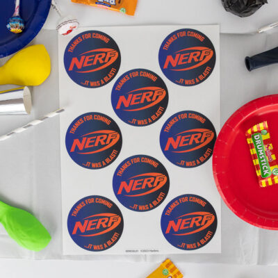 Nerf Party Bag Stickers | Blue and Orange sheet layout