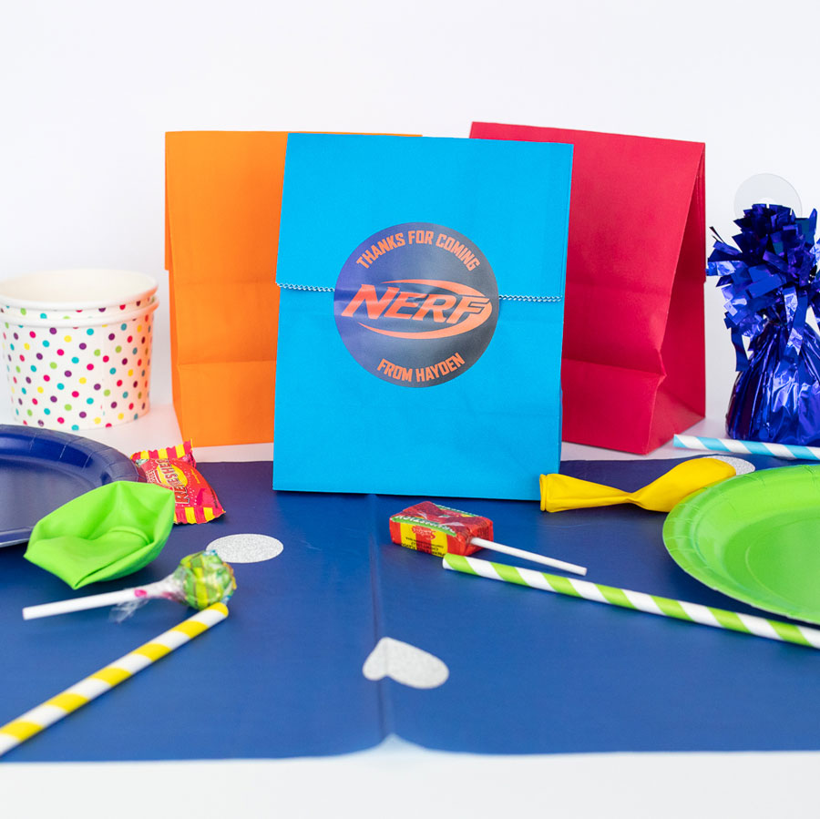 Nerf Party Bag Stickers | blue and orange colour on a blue party bag