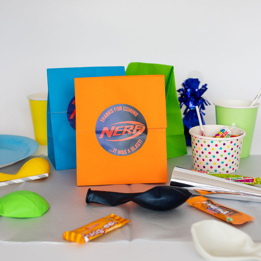 Nerf Party Bag Stickers | blue and orange colour on an orange party bag