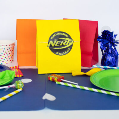 Nerf Party Bag Stickers | black and yellow on a yellow party bag